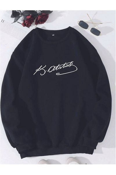 LEONE KOLEKSİYON 10 November Ataturk Printed Crew Neck Oversize Black and White Sweatshirt