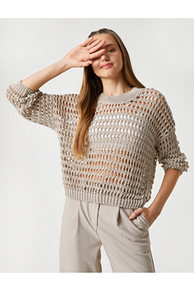 Koton Tricotaje cu gât roșu Pulover Mesh ajurat Mânecă lungă cu nervuri