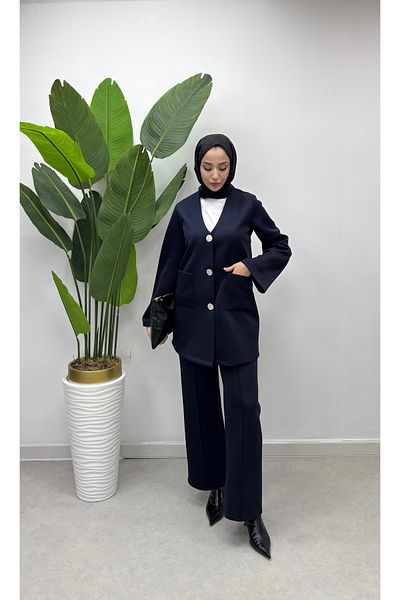 Tesettür Diyarı Navy Blue Scuba Set - Button and Pocket Detail