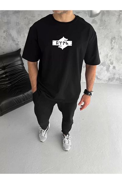 New Shine Μπλουζάκι Unisex Crew Neck με στάμπα διπλό Oversize - Μαύρο