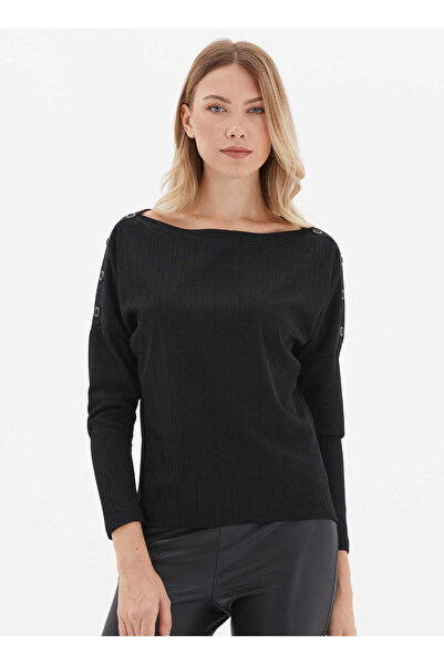 Selen Yuvarlak Yaka Çizgili Siyah Kadın Bluz 24KSL8965