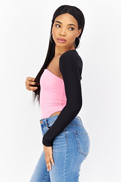 XOXO Women Split Neck Long Sleeves Plain Top, Black