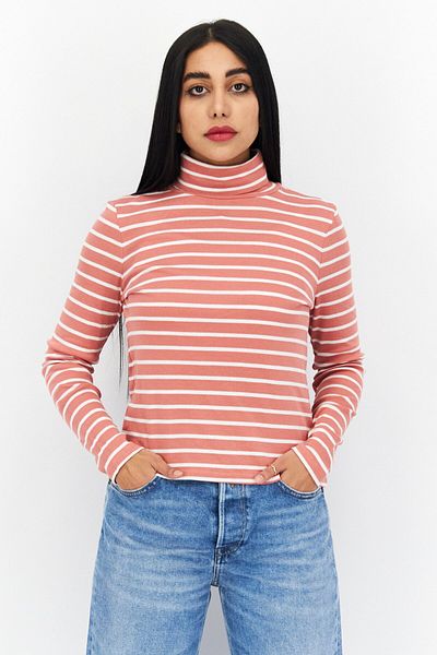 s.Oliver Women Funnel Neck Long Sleeve Stripes Top, Salmon