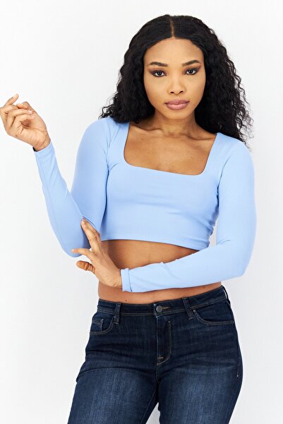 Bebe Blue Women's Top - Square Neck, Long Sleeve, Solid Fit