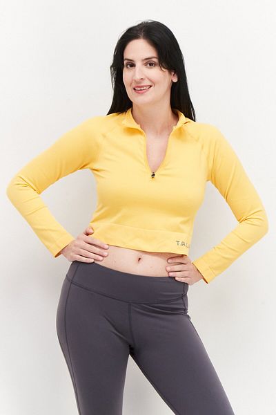 Tala Women Band Collar Long Sleeve Plain Crop Top, Yellow