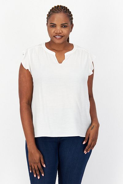 TAIFUN Women Horseshoe Neck Ruffle Sleeve Textured Top, White