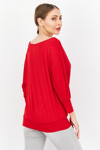 ZERO Women Round Neck Long Sleeve Plain Blouse, Red