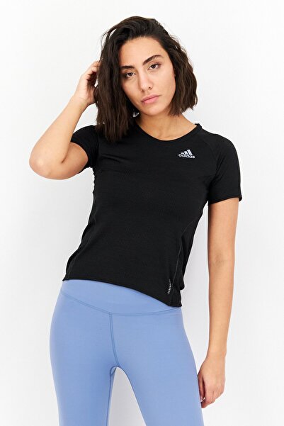 adidas تي شيرت رياضي نسائي بأكمام قصيرة للجري، أسود