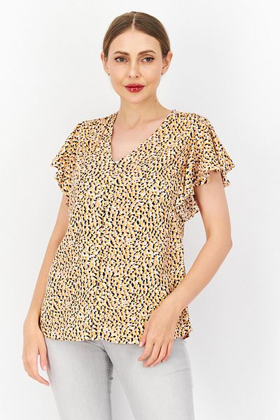 TAIFUN Women V-neck Ruffle Neck Allover Print Top, Yellow Combo