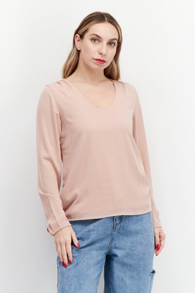 ZERO Women U Neck Long Sleeve Plain Top, Old Rose