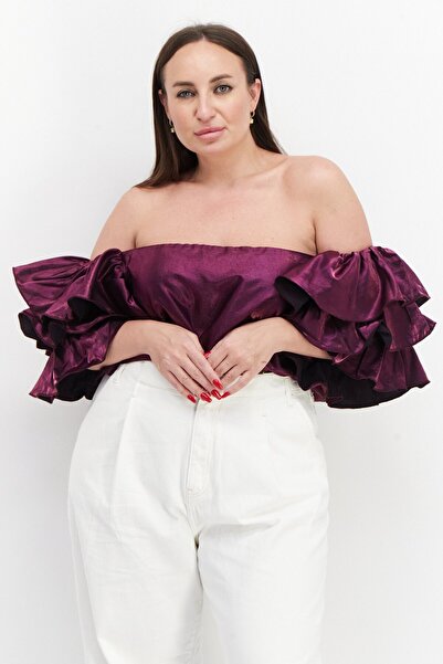 Yaura Women Plus Size Off Shoulder Ruffle Sleeve Metallic Top, Purple