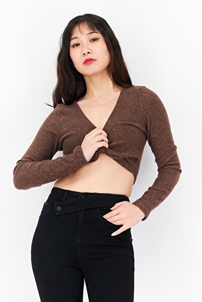 Endless Blu Women Keyhole Neck 3/4 Sleeve Textured Top, Brown Combo