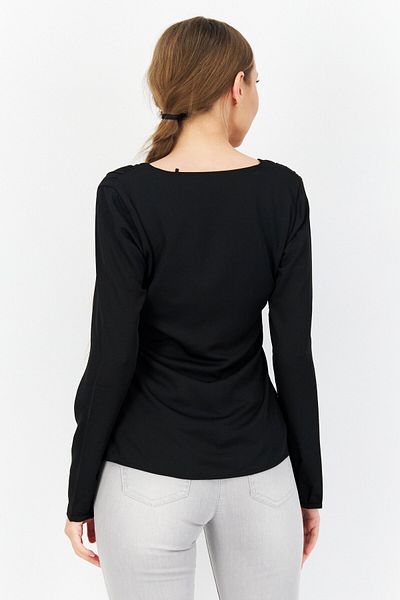 ZERO Women U Neck Long Sleeve Plain Blouse, Black