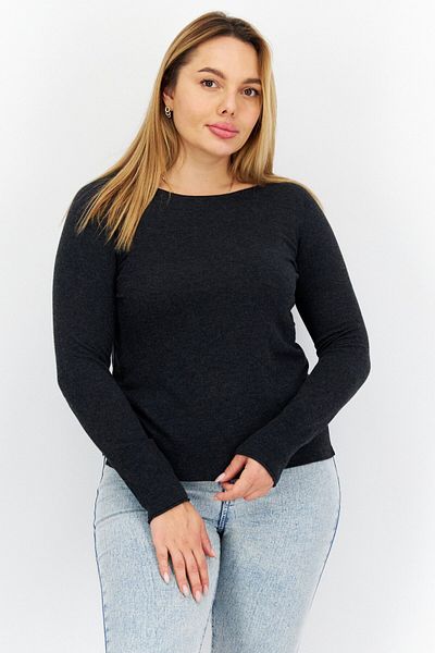 comma Women Crew Neck Long Sleeve Heather Top, Charcoal