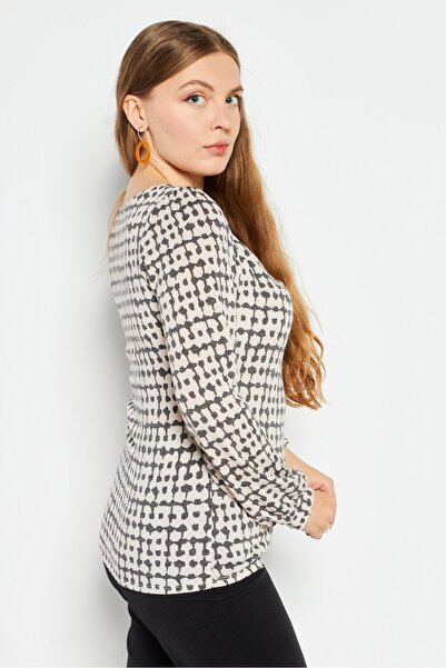 Kaileigh Women Boat Neck Long Sleeve Allover Print Top, Beige