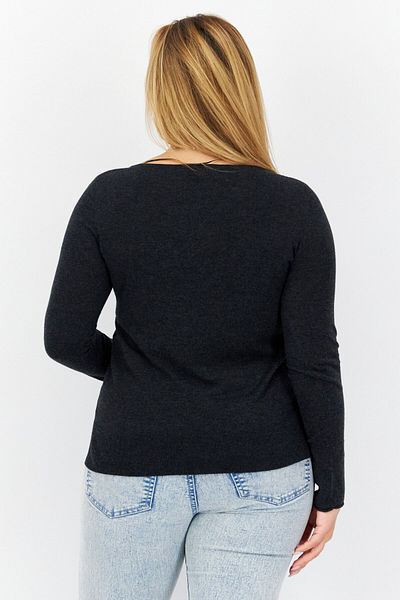 comma Women Crew Neck Long Sleeve Heather Top, Charcoal