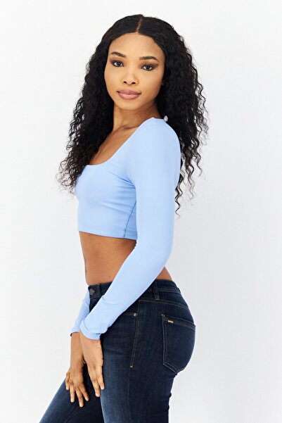 Bebe Blue Women's Top - Square Neck, Long Sleeve, Solid Fit