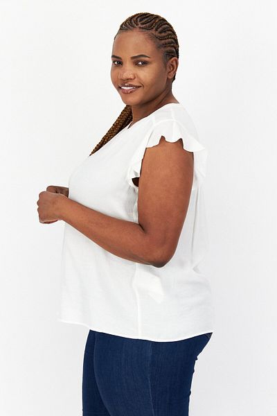 TAIFUN Women Horseshoe Neck Ruffle Sleeve Textured Top, White