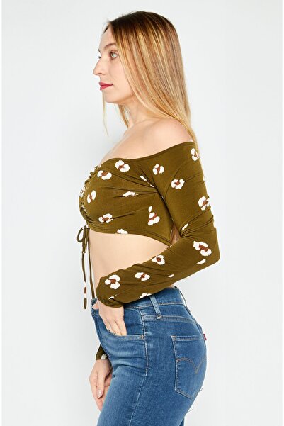 Endless Blu Women Straight Across Long Sleeve Allover Print Top, Dark Olive