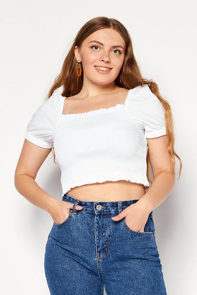 Dkny Jeans بلوزة نسائية بأكمام قصيرة ورقبة مربعة، باللون الأبيض