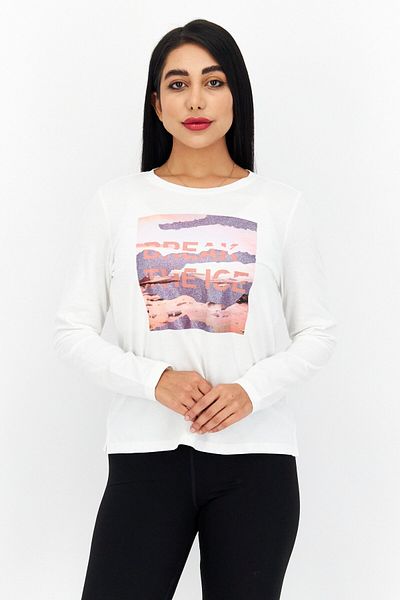 s.Oliver Women Round Neck Long Sleeves Printed Top, White Combo