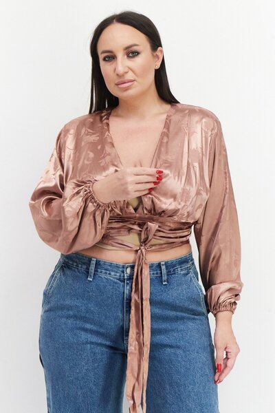Koco & K Women Surplice Neck Balloon Sleeve Floral Print Top, Tan