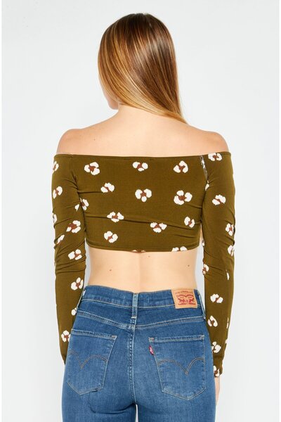 Endless Blu Women Straight Across Long Sleeve Allover Print Top, Dark Olive