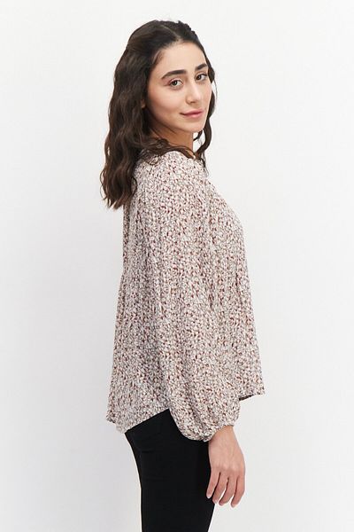 Gentle Fawn Women Tie Neckline Long Sleeves Allover Print Blouse, Taupe Combo