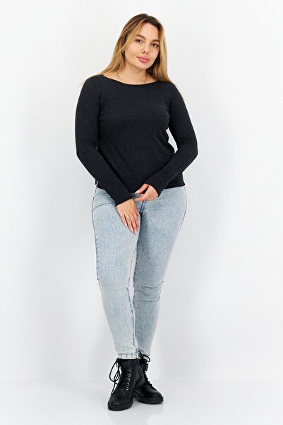 comma Women Crew Neck Long Sleeve Heather Top, Charcoal