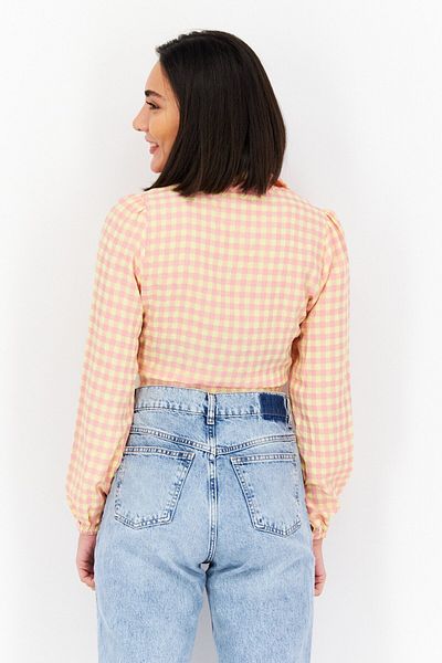 VILA Women V Neck Long Sleeve Gingham Blouse, Pink