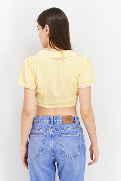 Asos Design Women Plunging Neck Short Sleeve Plain Crop Top, Yellow