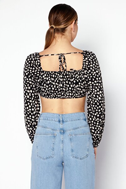 Endless Blu Women Square Neck Long Sleeve Top, Black