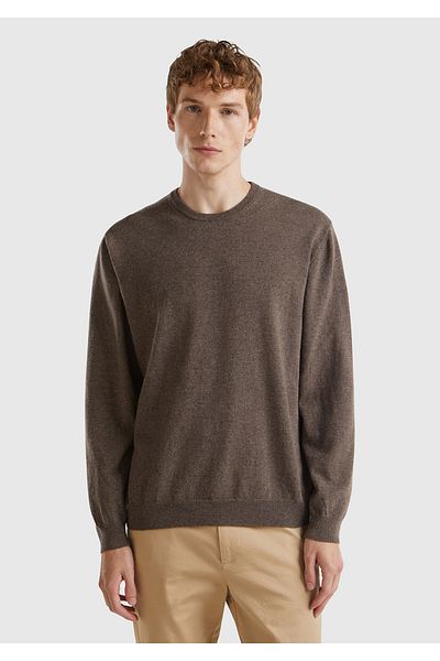 United Colors of Benetton Мъжки пуловер с кръгло деколте от 100% меринос, цвят млечен кафе