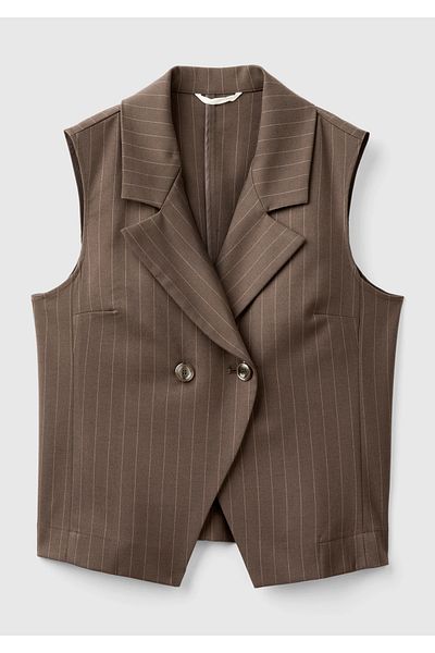 United Colors of Benetton Women's Tan Viscous Blended Buttoned Striped Pointed Neck Double Breasted Vest