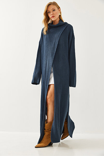 Detua Kadın Yırtmaçlı Uzun Salaş Panço Elbise