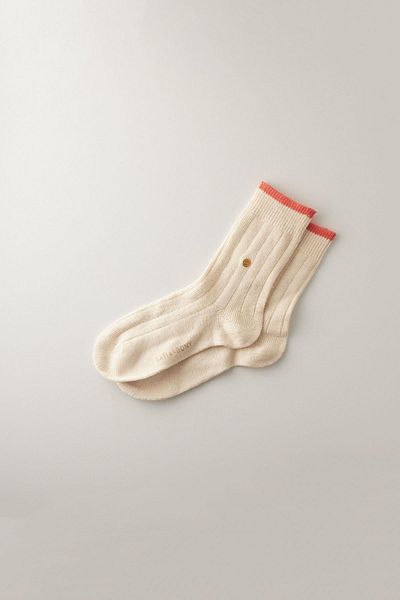 Katia&Bony Ecru-Coral Colored Women's Plaid Socks with Stripe