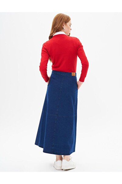 Kayra Navy Blue Denim Skirt - Zipper Closure