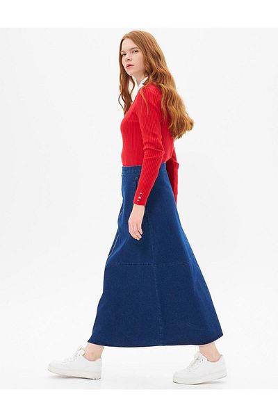 Kayra Navy Blue Denim Skirt - Zipper Closure