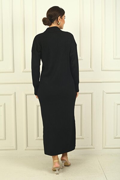 By Saygı Round Neck Collar Zipper Long Sleeve Knitwear Dress