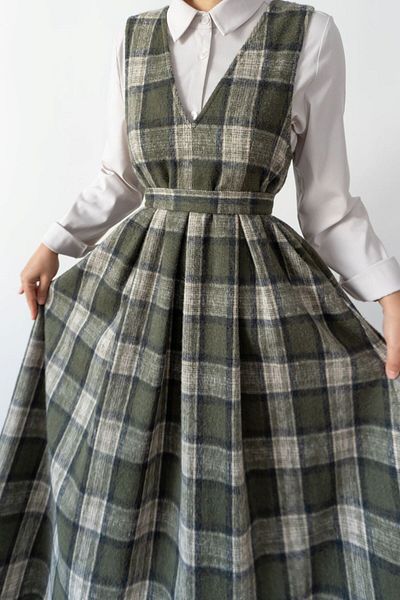 hrmonny Vintage Women's Modest Winter V-Neck Women's Rerto Wool Plaid Long Gilet Dress