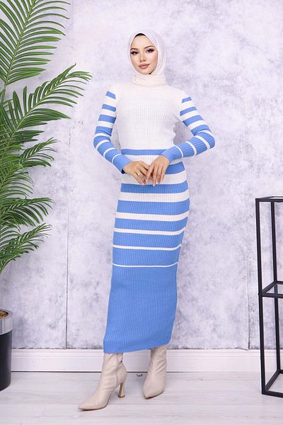benguen 6041 Rochie albastră de tricotaje cu gât
