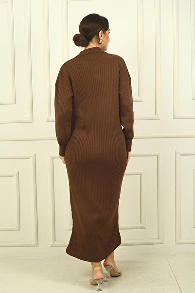 By Saygı Round Neck Collar Zipper Long Sleeve Knitwear Dress