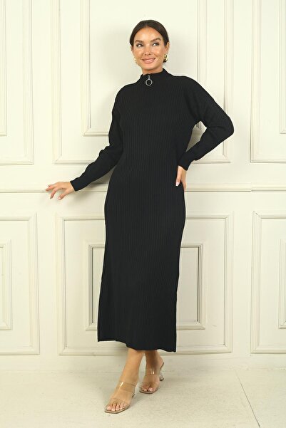 By Saygı Round Neck Collar Zipper Long Sleeve Knitwear Dress