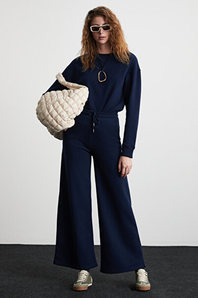 GRIMELANGE Laury γυναικείο μαλακό φαρδύ πόδι από οργανικό βαμβάκι με κανονική ετικέτα Λεπτομερές μπλε ναυτικό παντελόνι