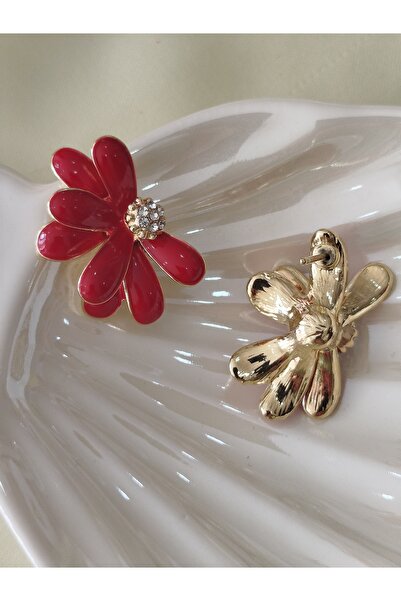 İPAR AKSESUAR Mineli Half Daisy Metal Gold Red Earring