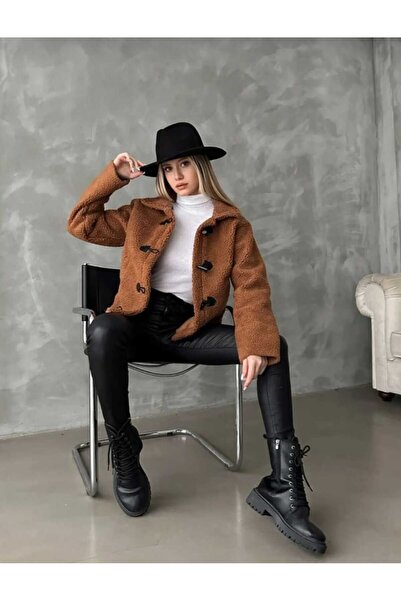 Azra Moda Style Lamb Plush Suede Lacing Button Detail Jacket Women