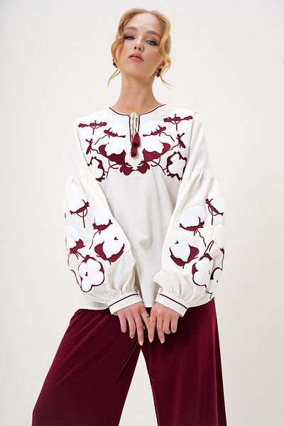 Trend Alaçatı Stili Women's Ecru Slit Neck Embroidery Embroidered Balloon Sleeve Woven Blouse Alc-X13206