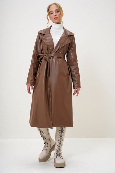 Trend Alaçatı Stili Women's Tan Lined Faux Leather Trench Coat with Waist Belt Alc-X13235