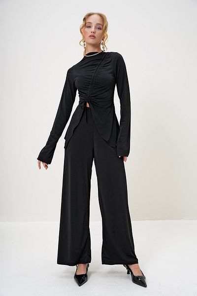 Trend Alaçatı Stili Black Asymmetrical Cutout Drawstring Women's Pants and Blouses Set Alc-X13187