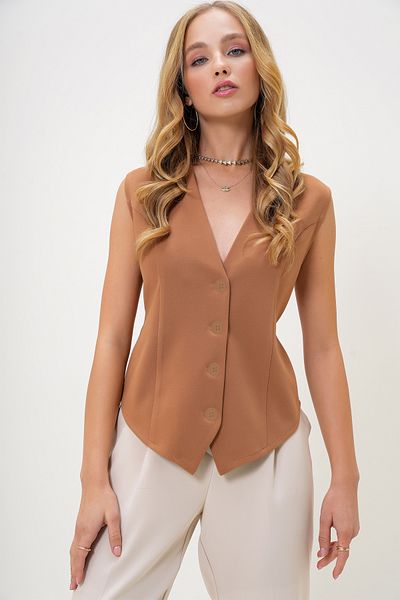 Trend Alaçatı Stili Adjustable Woven Women's Vest - Biscuit Body Session Alc-X13271